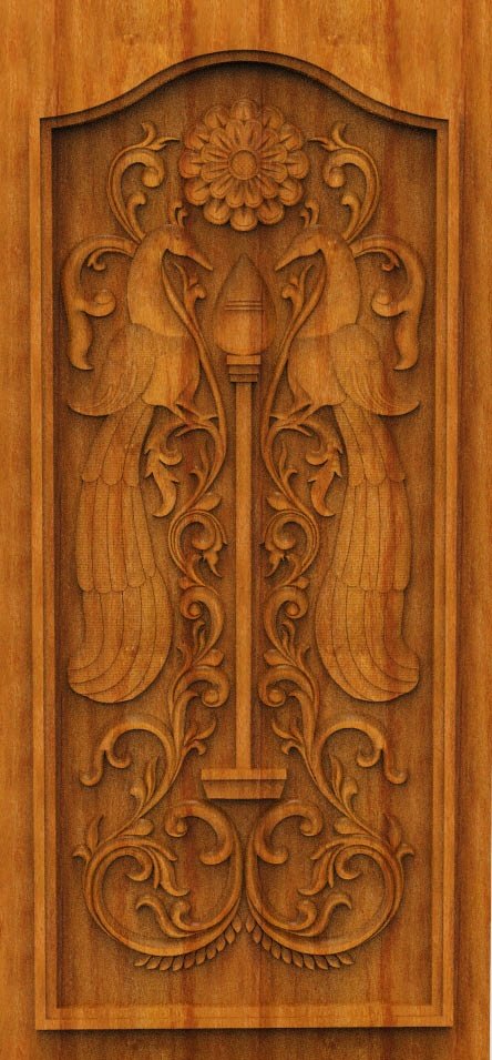 3D DOOR - OAK-66 Traditional Peacock and Vel Motif Carved Entrance Door